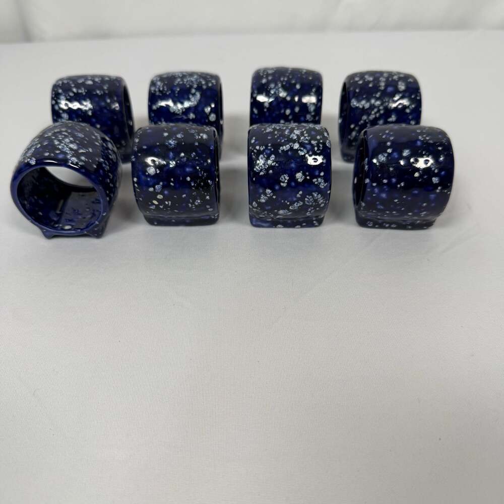 Vintage Otagiri Japan Cobalt Blue Speckled Ceramic Napkin Rings Set of 8